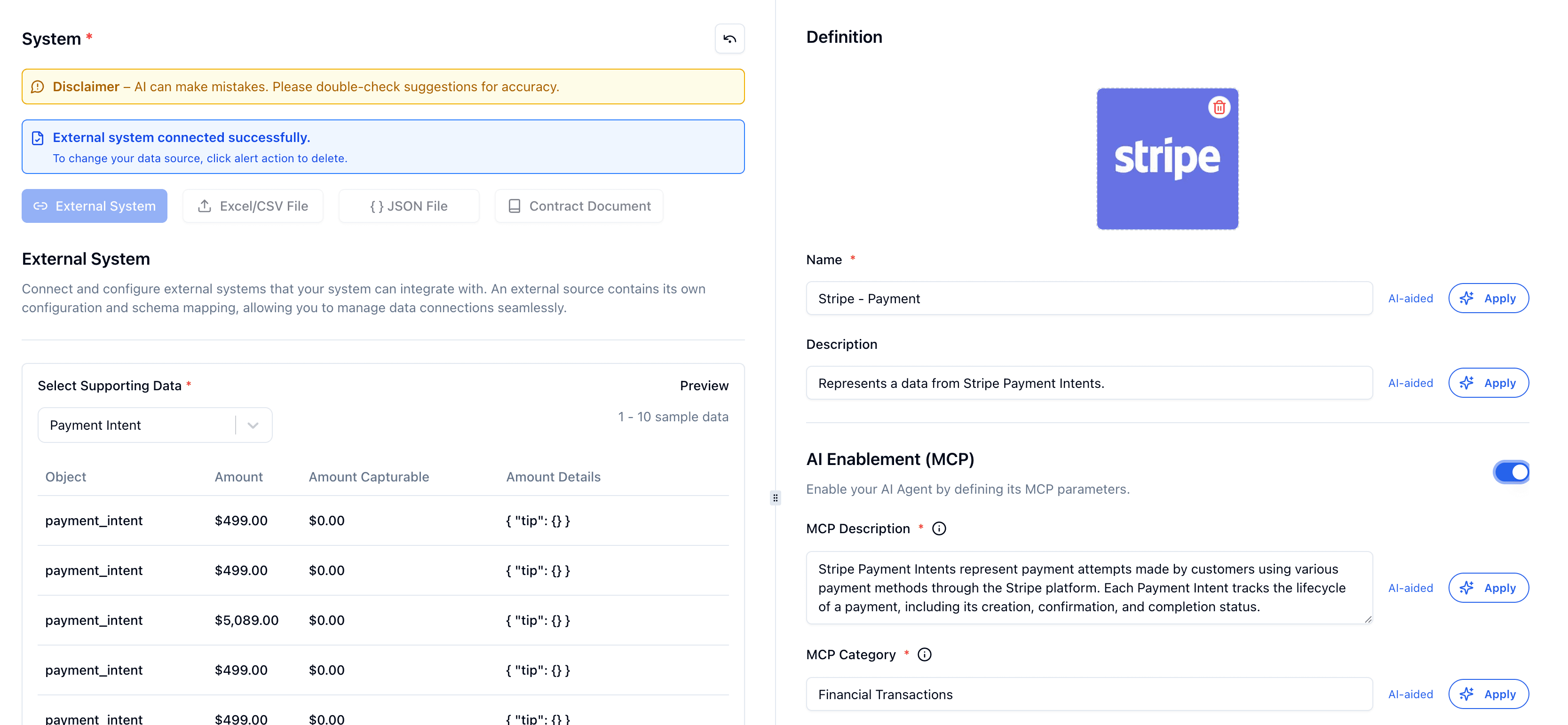 External System Schema AI Filled