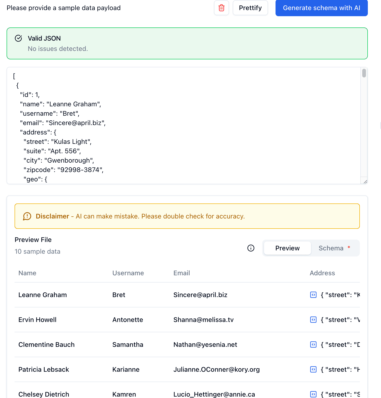JSON Generated Schema